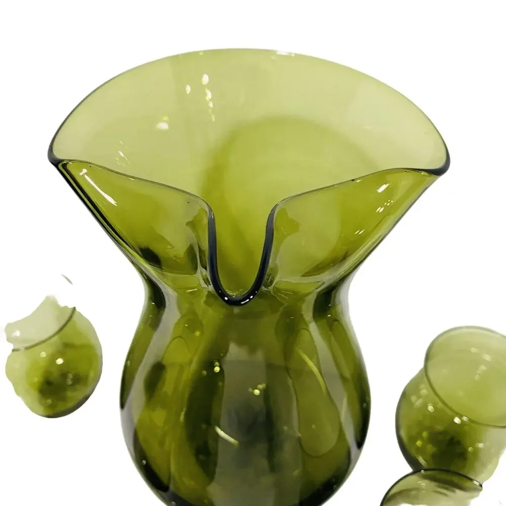 Vintage Sasaki Cocktail Set Green Art Glass Pitcher Decanter & 5 Wine Glasses
